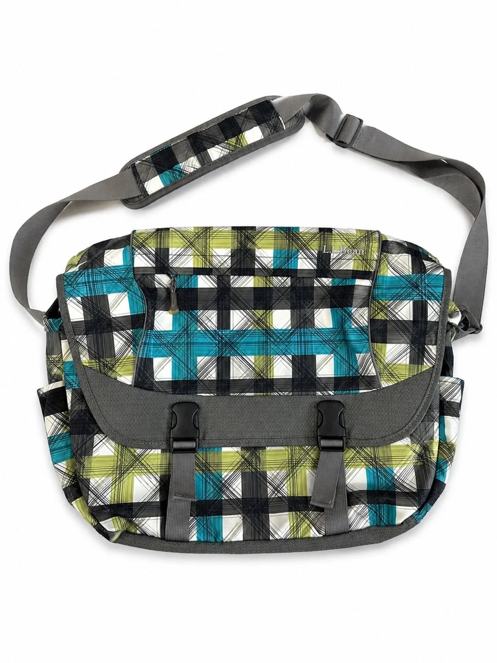 L.L. Bean Laptop Messenger Bag Padded Crossbody Briefcase Teal Gray Plaid O/S